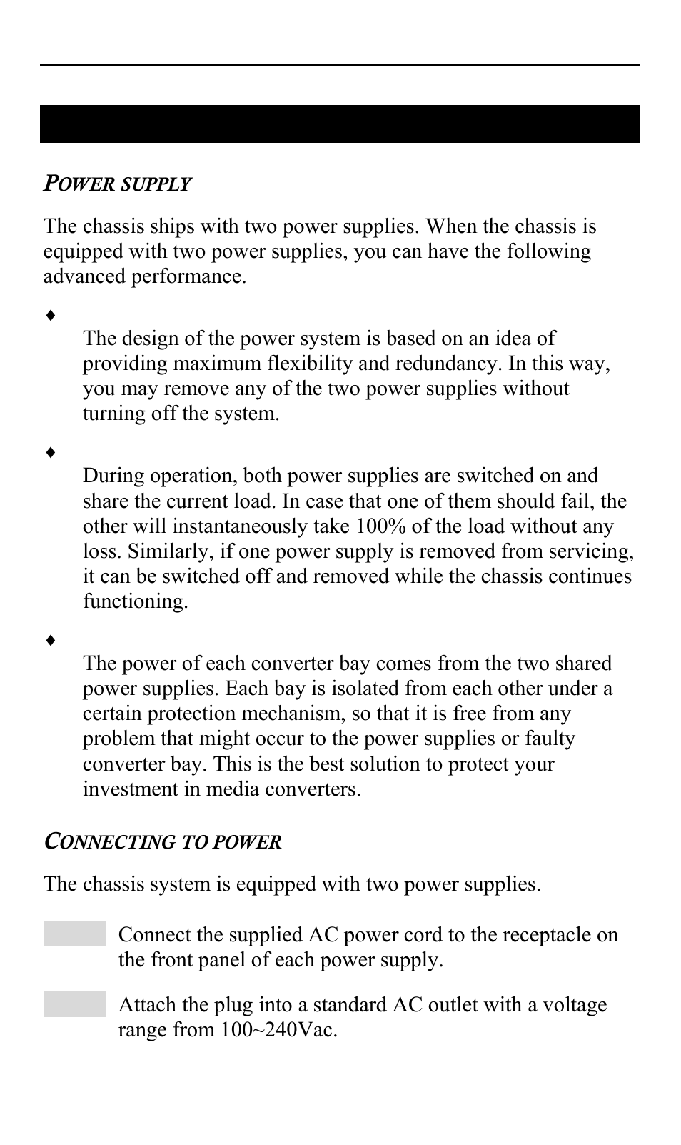 Connecting to power, Power supply | ClearCube Media Converter Chassis System F6151 User Manual | Page 13 / 22