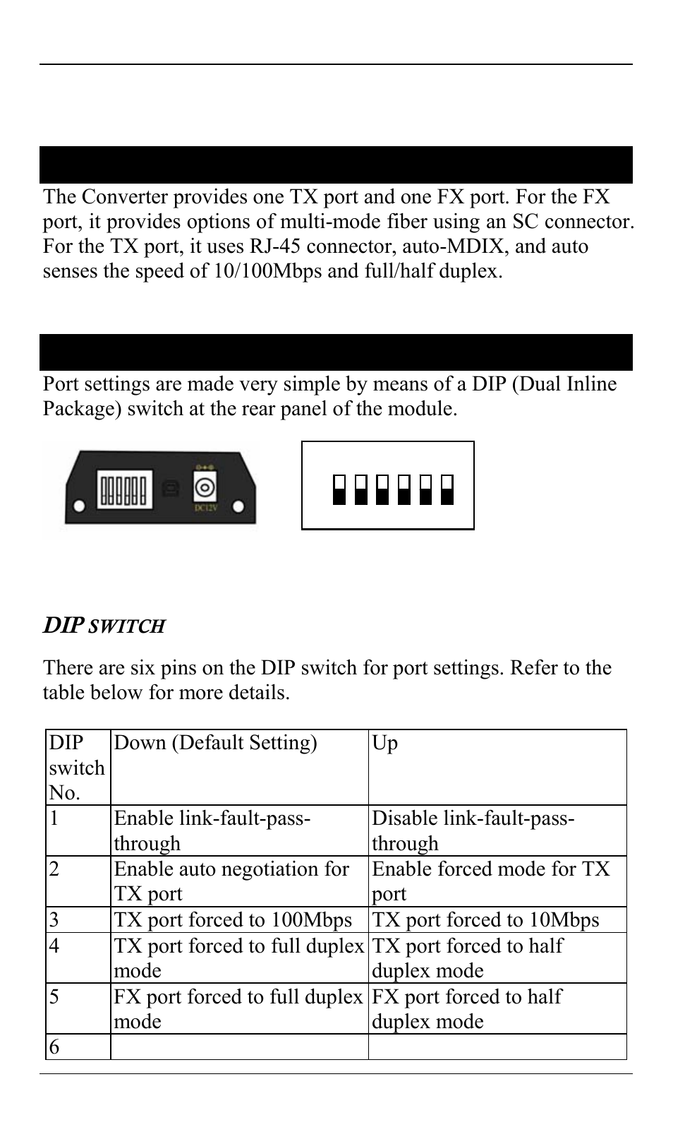 One-channel media converter, Ports, Port settings | Dip switch | ClearCube Media Converter Chassis System F6151 User Manual | Page 16 / 22