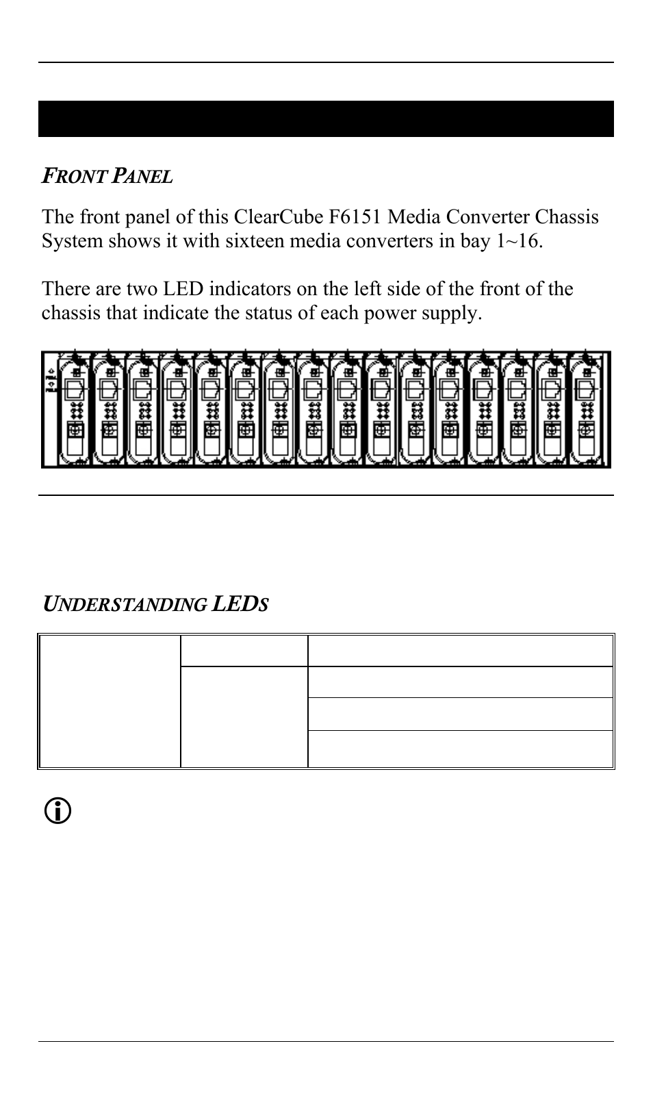 Front panel display, Front panel, Understanding leds | ClearCube Media Converter Chassis System F6151 User Manual | Page 9 / 22