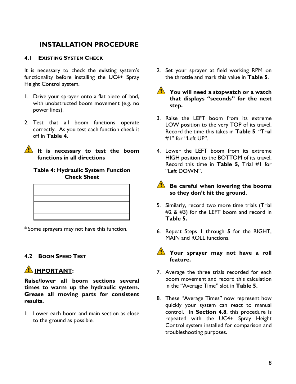 4 installation procedure, 1 existing system check, 2 boom speed test | Installation procedure | NORAC UC4+BC+JD8 User Manual | Page 11 / 38