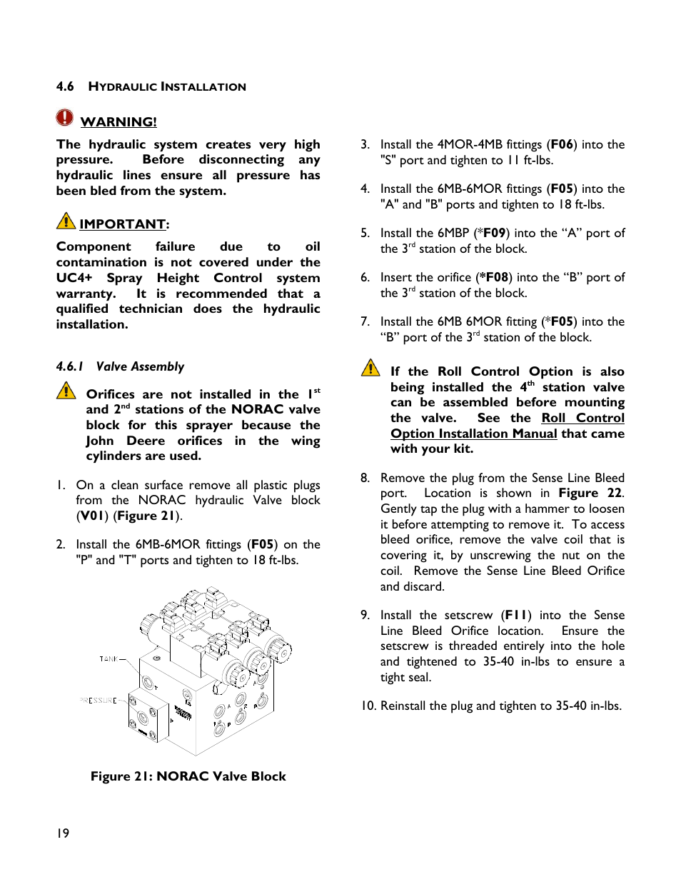 6 hydraulic installation, 1 valve assembly | NORAC UC4+BC+JD8 User Manual | Page 22 / 38