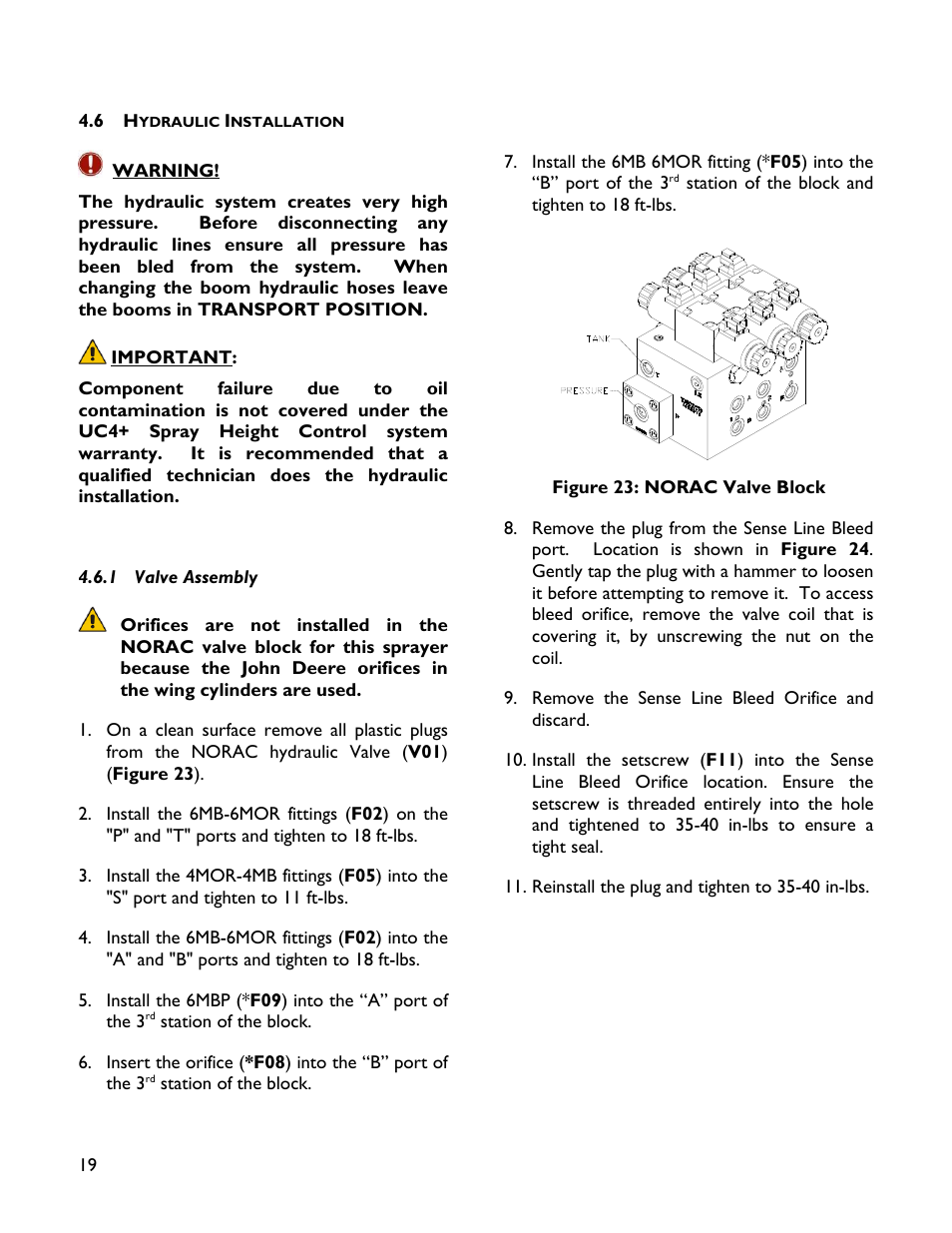 6 hydraulic installation, 1 valve assembly | NORAC UC4+BC+JD10 User Manual | Page 22 / 38