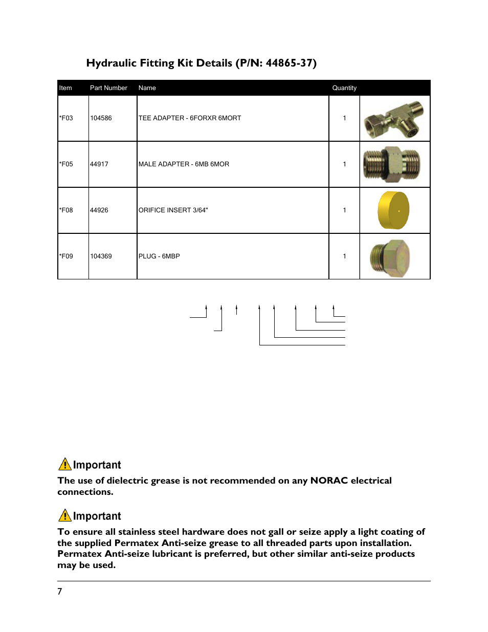 5 hydraulic fitting kit details (p/n: 44865-37), 6 m b - 6 m or x 90 | NORAC UC4+BC+JD11 User Manual | Page 10 / 39