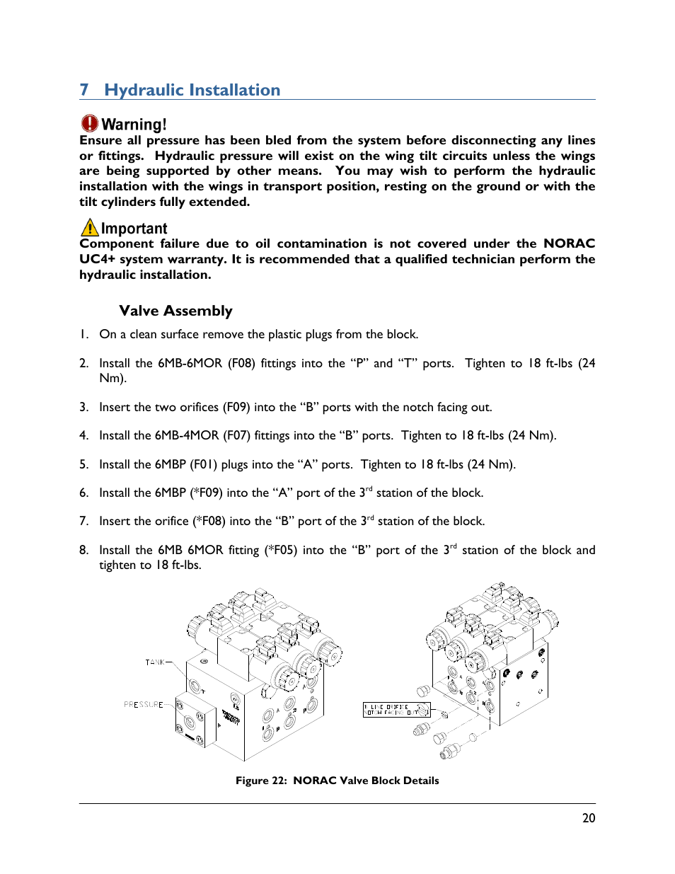 7 hydraulic installation, 1 valve assembly | NORAC UC4+BC+JD11 User Manual | Page 23 / 39