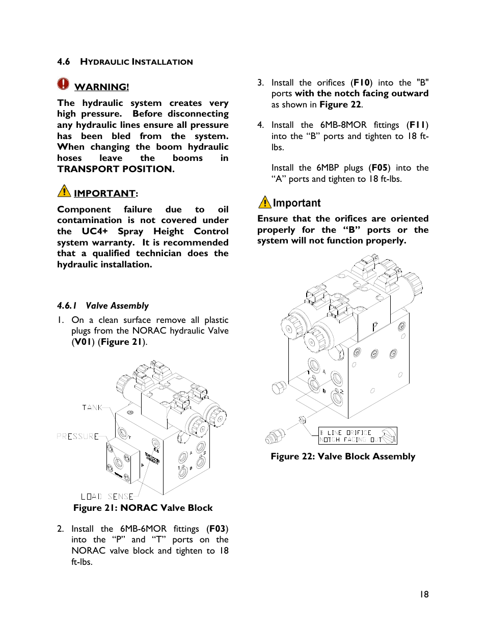 6 hydraulic installation, 1 valve assembly | NORAC UC4+BC+MC2 User Manual | Page 21 / 37