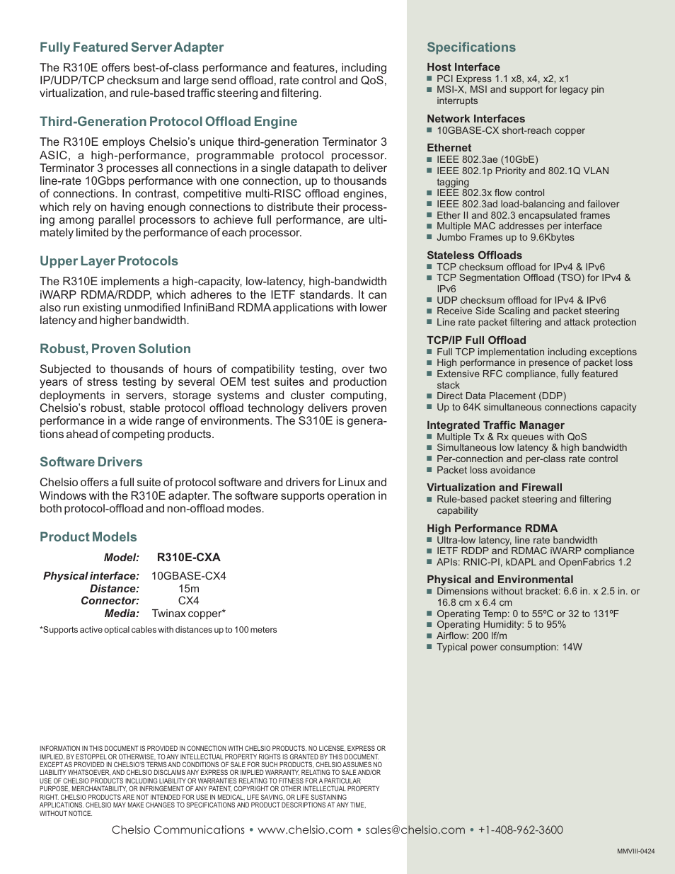 Specifications | Chelsio Communications R310E-CXA User Manual | Page 2 / 2