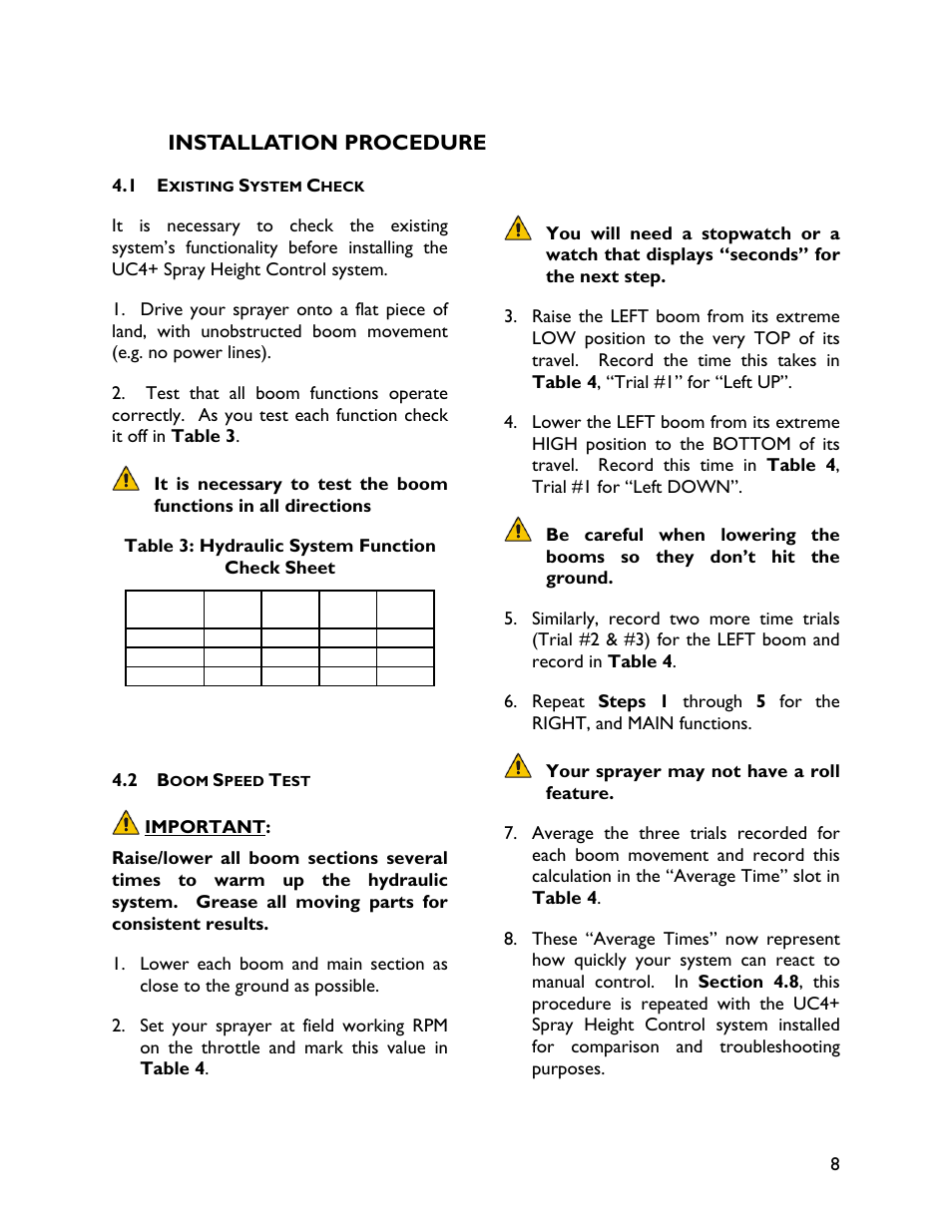 4 installation procedure, 1 existing system check, 2 boom speed test | NORAC UC4+BC+NT3 User Manual | Page 11 / 36