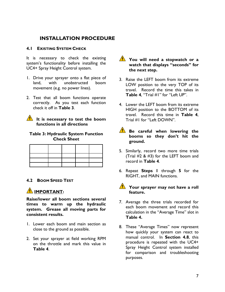 4 installation procedure, 1 existing system check, 2 boom speed test | NORAC UC4+BC+NT4 User Manual | Page 11 / 37