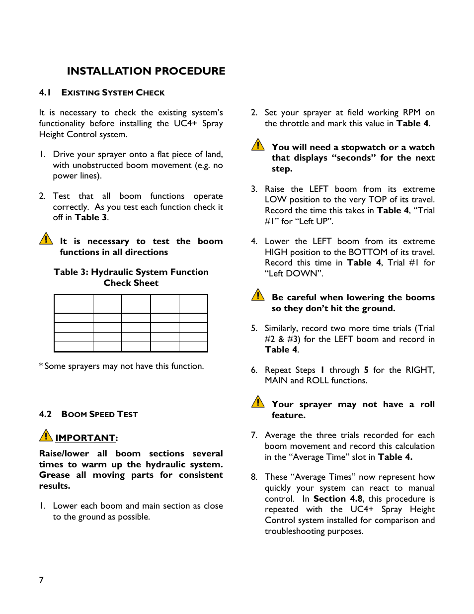 4 installation procedure, 1 existing system check, 2 boom speed test | Installation procedure | NORAC UC4+BC+SC2 User Manual | Page 10 / 36