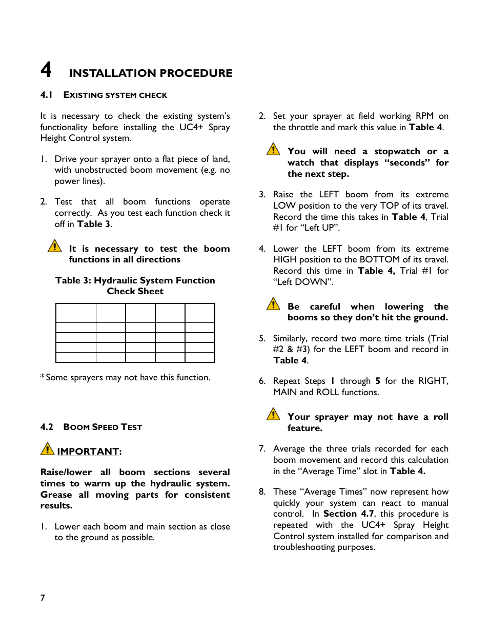 4 installation procedure, 1 existing system check, 2 boom speed test | NORAC UC4+BC+SC4 User Manual | Page 10 / 27