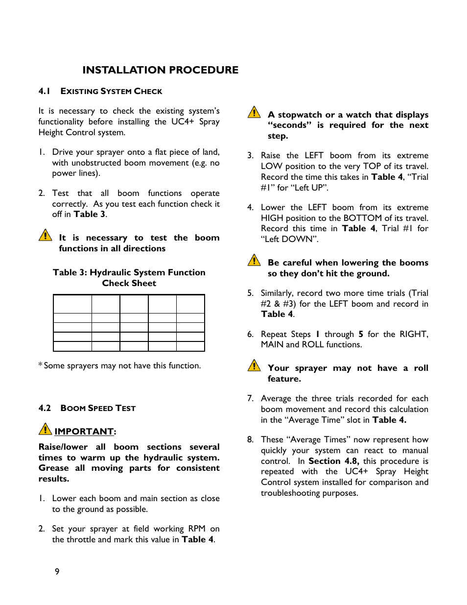 4 installation procedure, 1 existing system check, 2 boom speed test | Installation procedure | NORAC UC4+BC+TA1 User Manual | Page 12 / 37