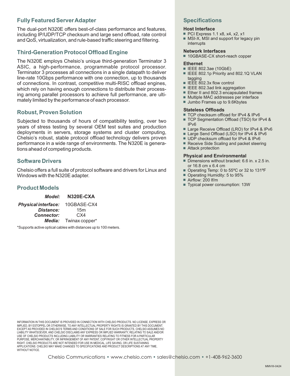 Specifications | Chelsio Communications N320E-CXA User Manual | Page 2 / 2