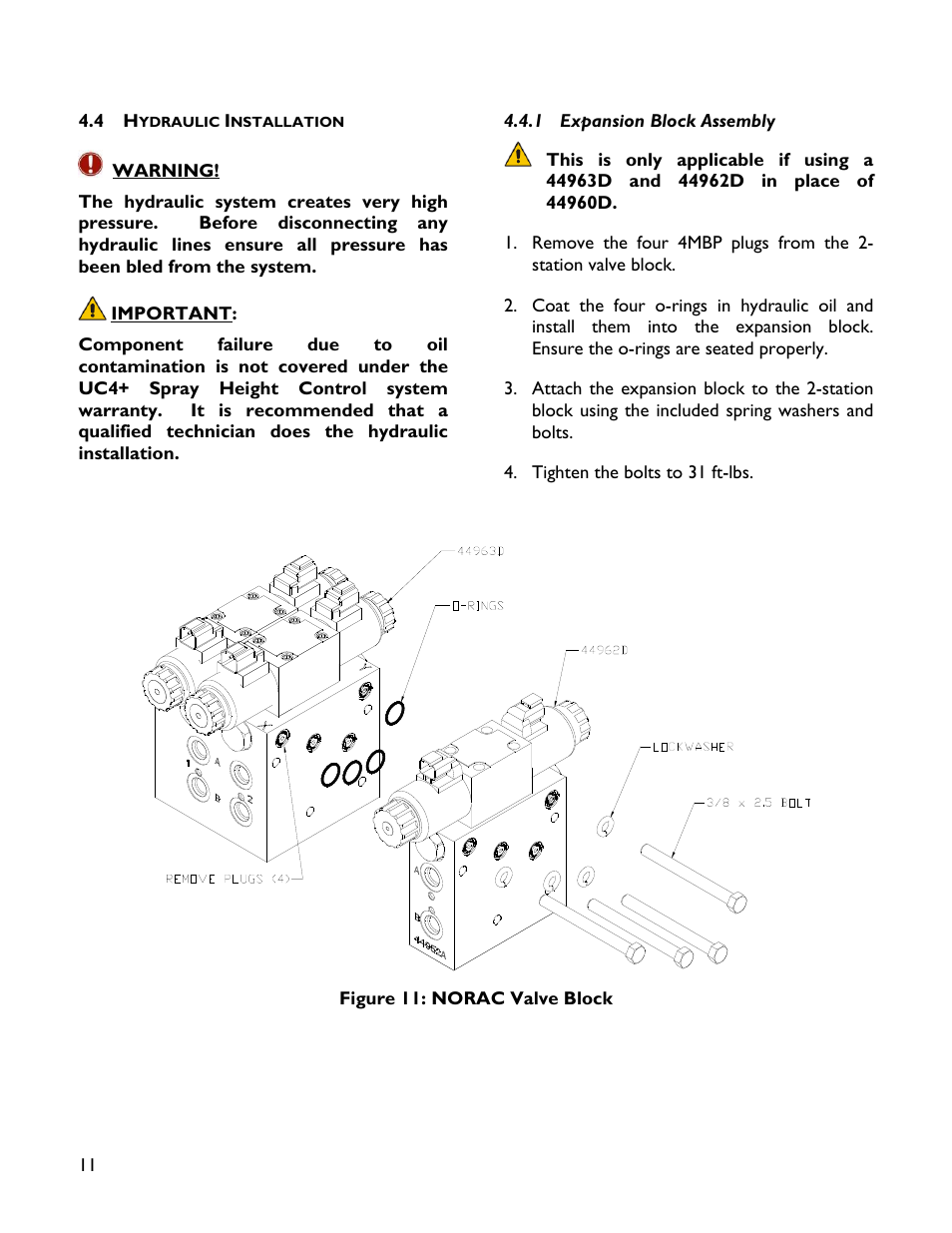 4 hydraulic installation, 1 expansion block assembly | NORAC UC4+BC+HD8A User Manual | Page 14 / 34