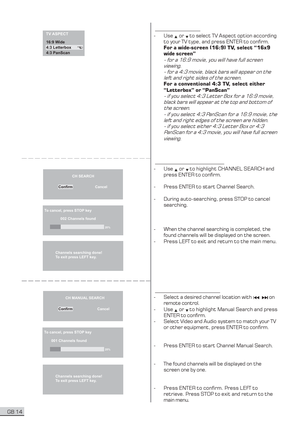 1 tv aspect, 2 channel search, 3 manual search | Centrios 1611304 User Manual | Page 15 / 32