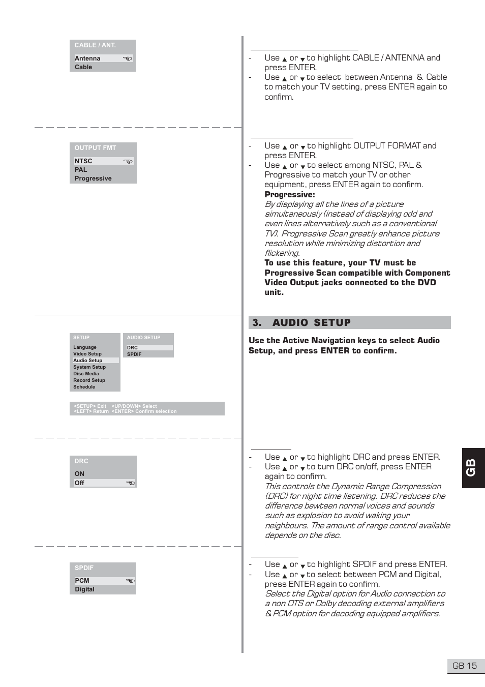 4 cable / antenna, 5 output format, Audio setup | 1 drc, 2 spdif | Centrios 1611304 User Manual | Page 16 / 32