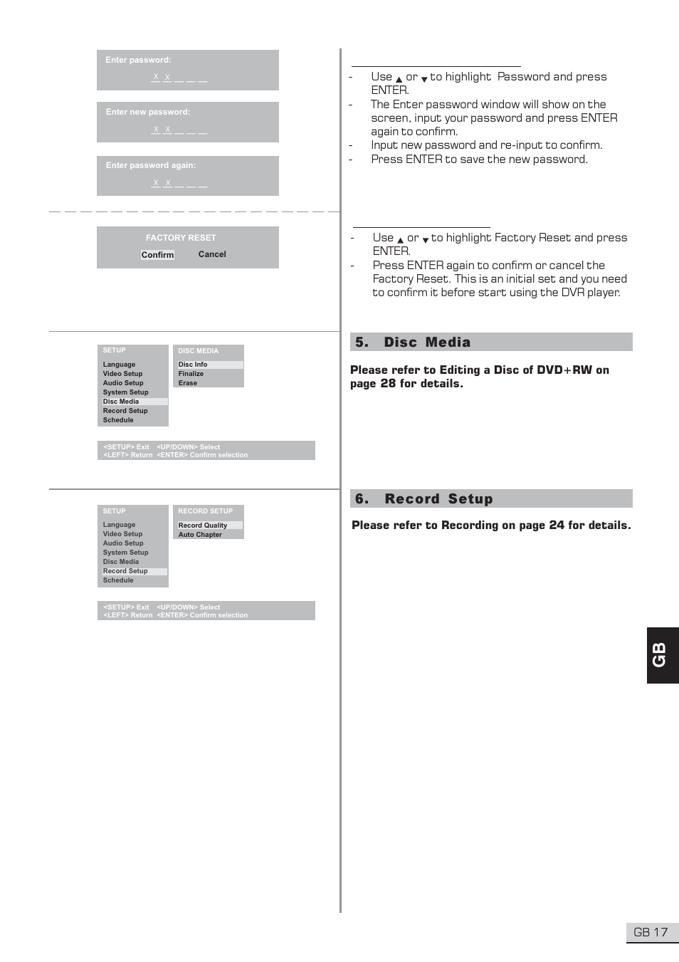 Disc media 4.6 change password, 7 factory reset, Record setup | Centrios 1611304 User Manual | Page 18 / 32