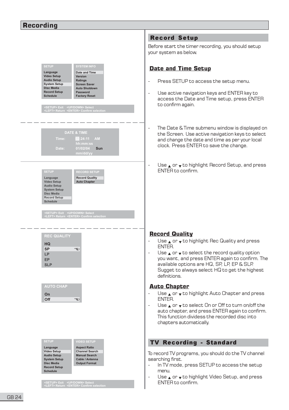 Recording, Record setup, Record quality | Auto chapter, Date and time setup, Tv recording - standard | Centrios 1611304 User Manual | Page 25 / 32