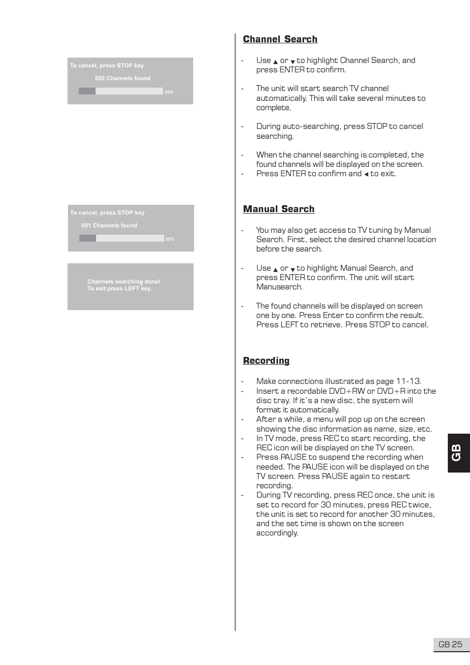 Channel search, Manual search, Recording | Centrios 1611304 User Manual | Page 26 / 32