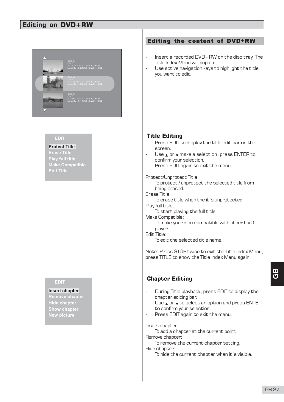 Editing on dvd+rw, Editing the content of dvd+rw, Title editing | Chapter editing | Centrios 1611304 User Manual | Page 28 / 32