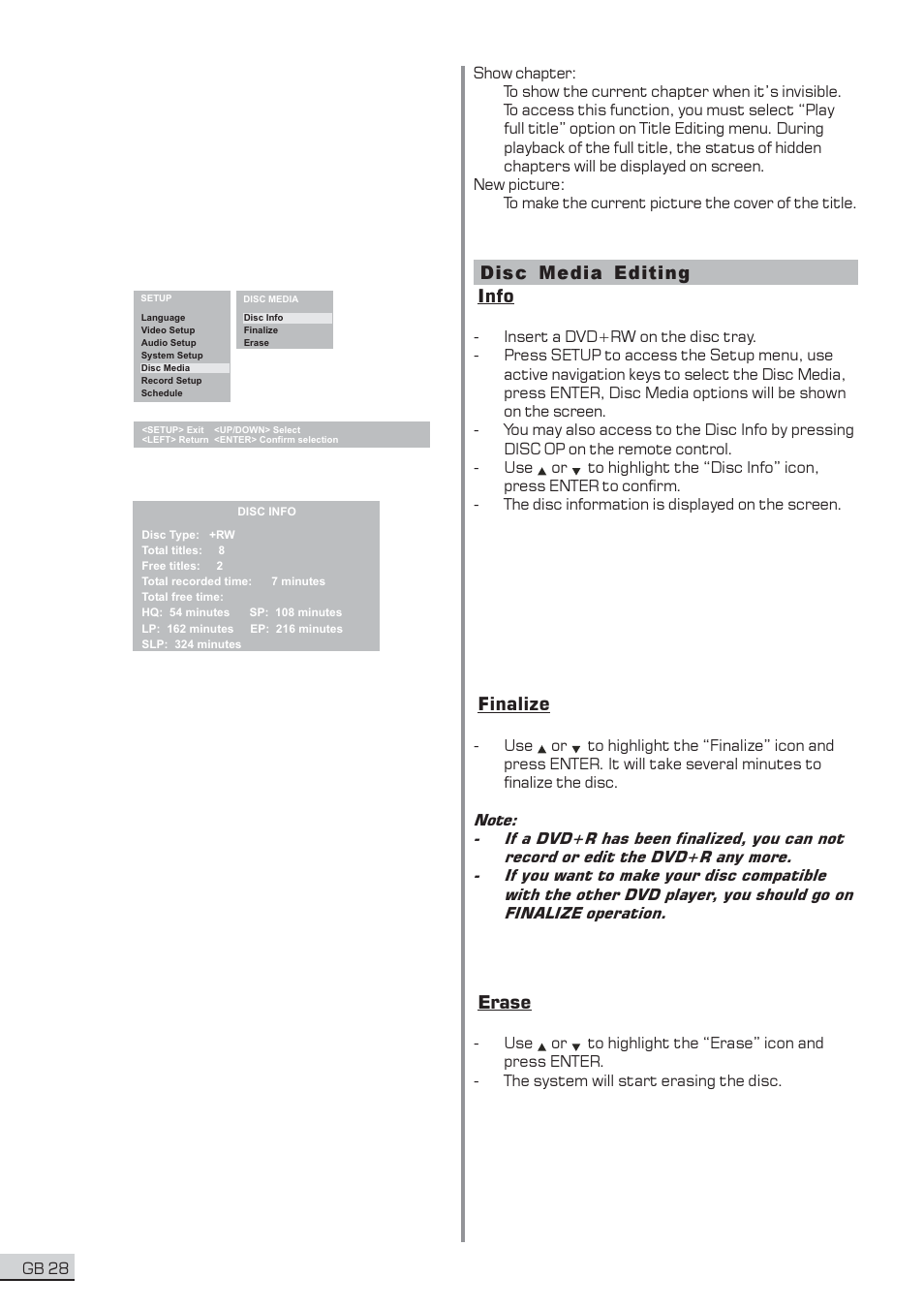 Disc media editing info, Finalize, Erase | Centrios 1611304 User Manual | Page 29 / 32