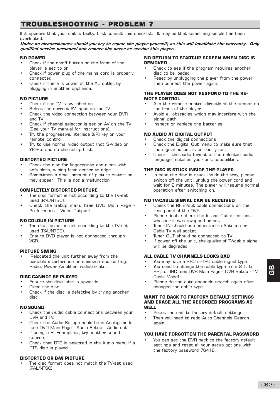 Troubleshooting - problem | Centrios 1611304 User Manual | Page 30 / 32