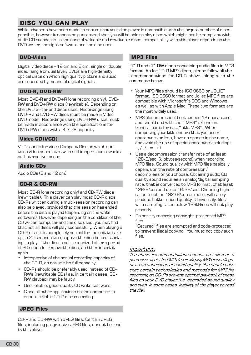 Disc you can play | Centrios 1611304 User Manual | Page 31 / 32