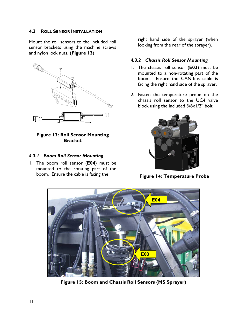 3 roll sensor installation, 1 boom roll sensor mounting, 2 chassis roll sensor mounting | NORAC UC4+BC+MS User Manual | Page 14 / 28