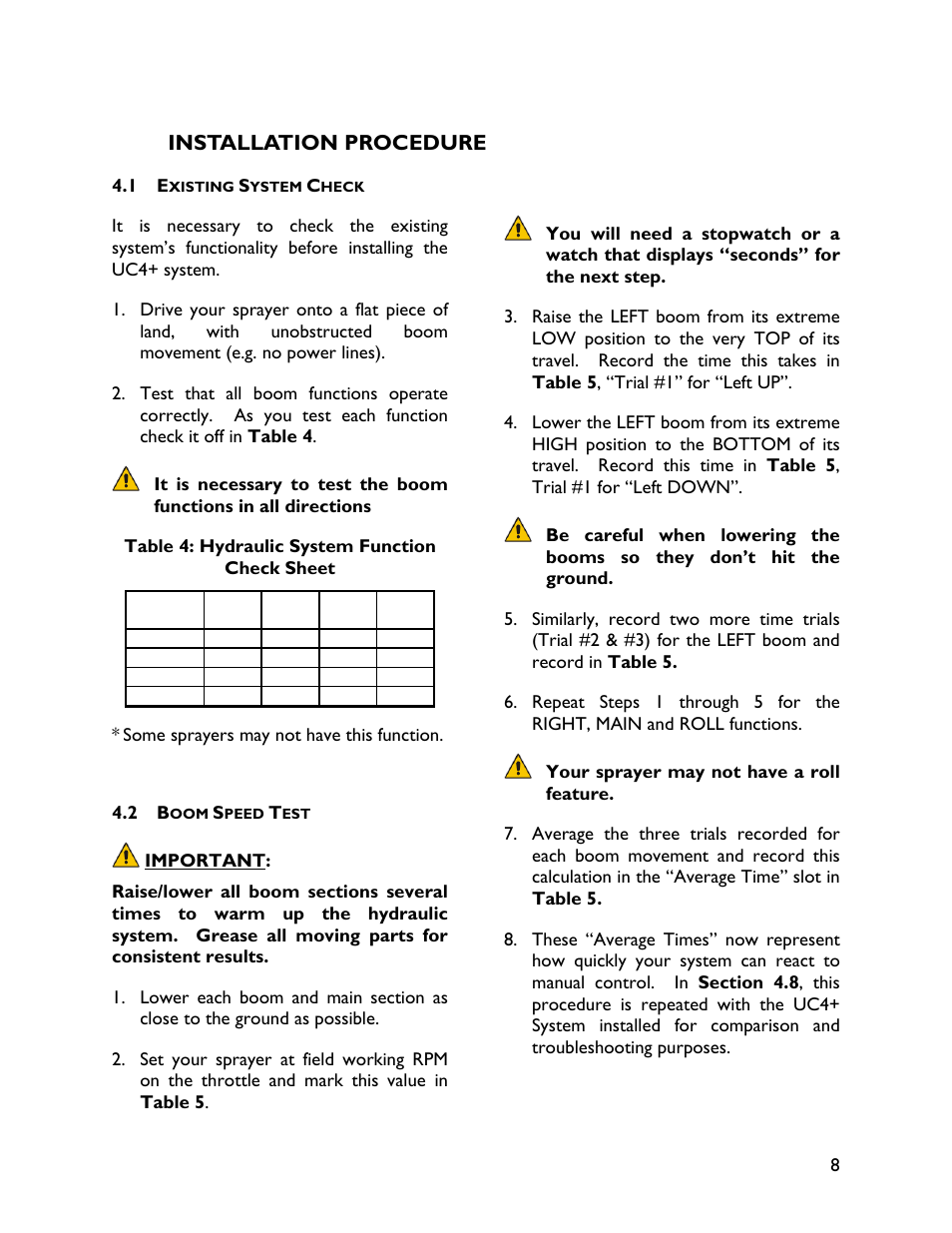 4 installation procedure, 1 existing system check, 2 boom speed test | Installation procedure | NORAC UC4+BC+SM4 User Manual | Page 11 / 37