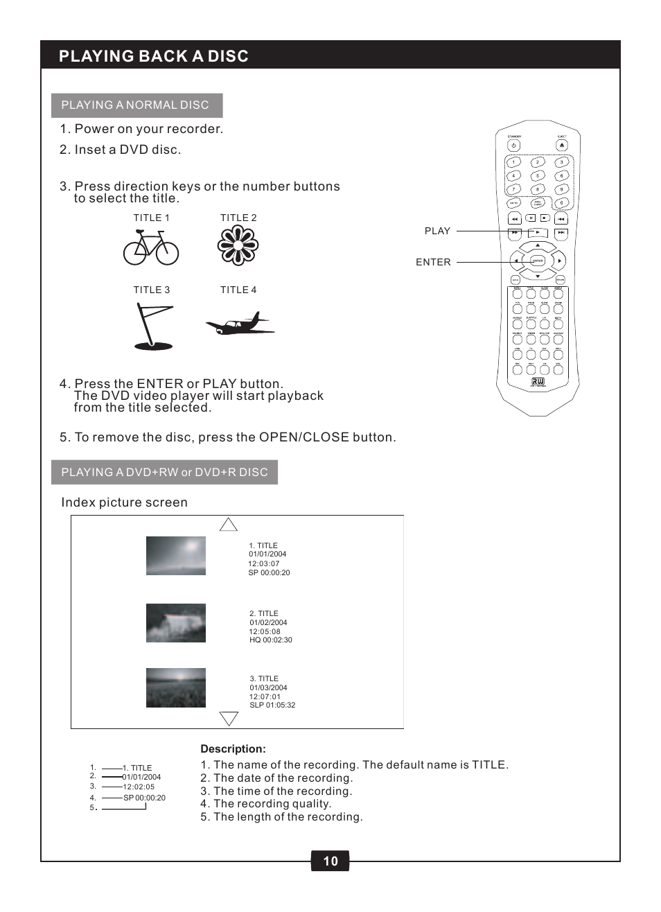 Playing back a disc, Index picture screen | Centrios 1611305 User Manual | Page 12 / 33
