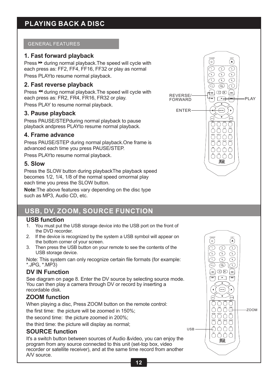 Playing back a disc, Usb, dv, zoom, source function | Centrios 1611305 User Manual | Page 14 / 33