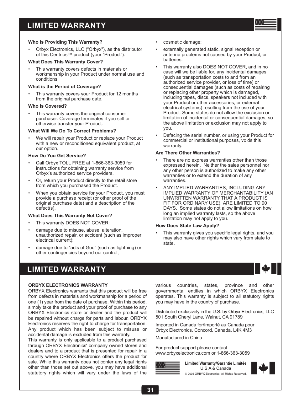 Limited warranty | Centrios 1611305 User Manual | Page 33 / 33