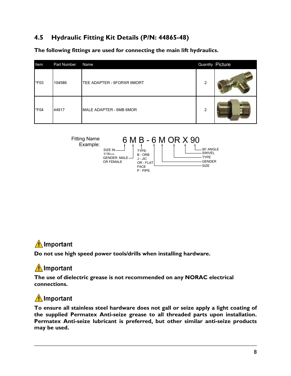 5 hydraulic fitting kit details (p/n: 44865-48), 6 m b - 6 m or x 90 | NORAC UC5-BC-CS05 User Manual | Page 11 / 40