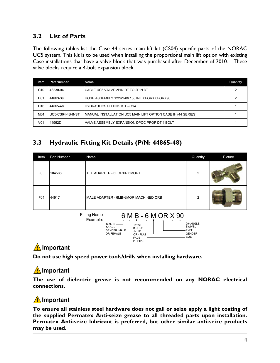 2 list of parts, 3 hydraulic fitting kit details (p/n: 44865-48), 6 m b - 6 m or x 90 | NORAC UC5-CS04-4B User Manual | Page 7 / 14