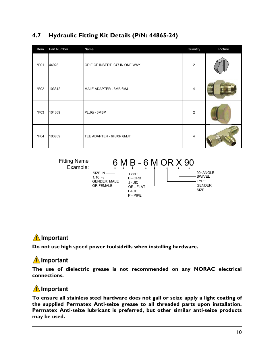 7 hydraulic fitting kit details (p/n: 44865-24), 6 m b - 6 m or x 90 | NORAC UC5-BC-FC02 User Manual | Page 13 / 40