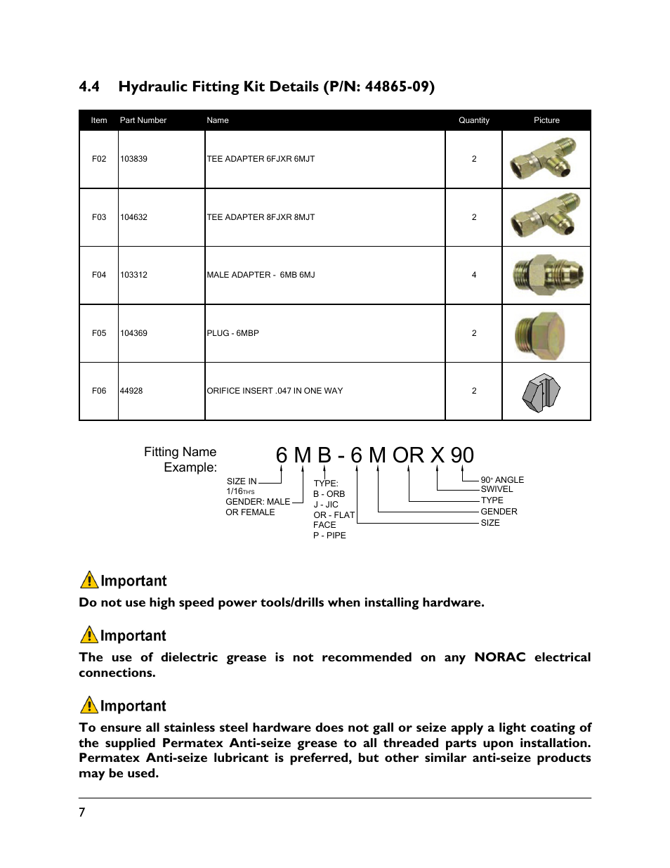 4 hydraulic fitting kit details (p/n: 44865-09), 6 m b - 6 m or x 90 | NORAC UC5-BC-FT03 User Manual | Page 10 / 36