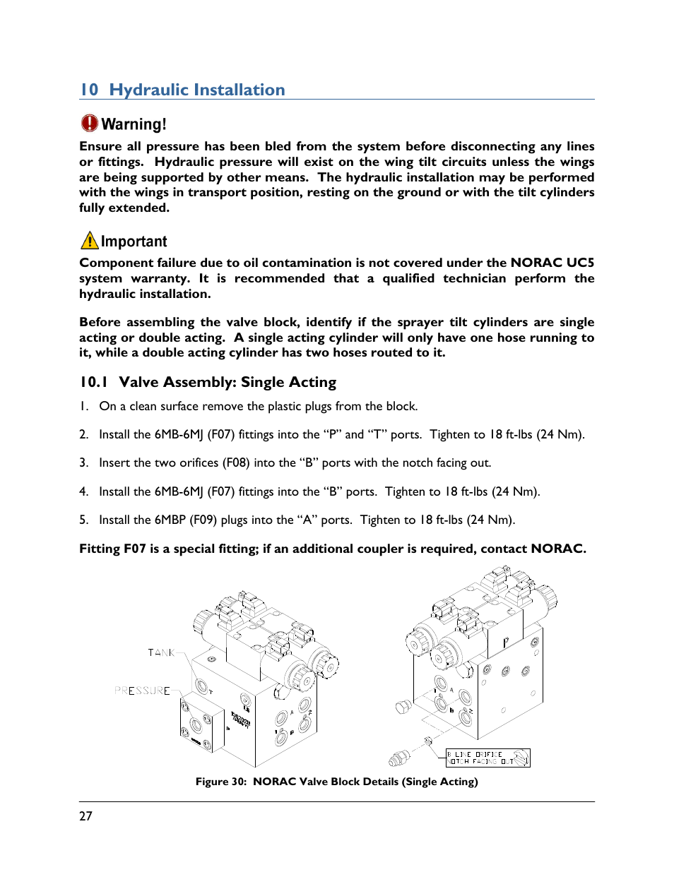 10 hydraulic installation, 1 valve assembly: single acting | NORAC UC5-BC-GN01 User Manual | Page 30 / 39