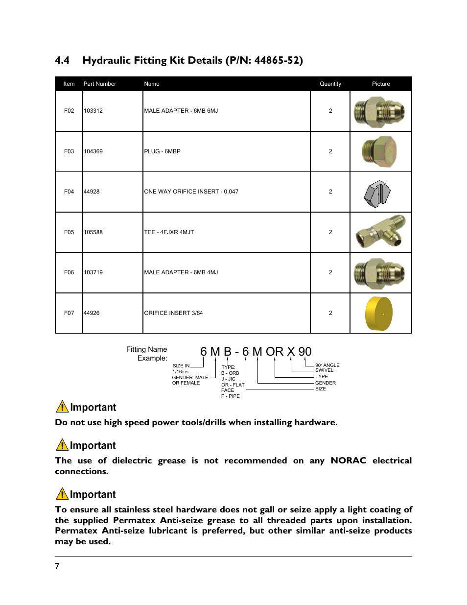 4 hydraulic fitting kit details (p/n: 44865-52), 6 m b - 6 m or x 90 | NORAC UC5-BC-GV01 User Manual | Page 10 / 35