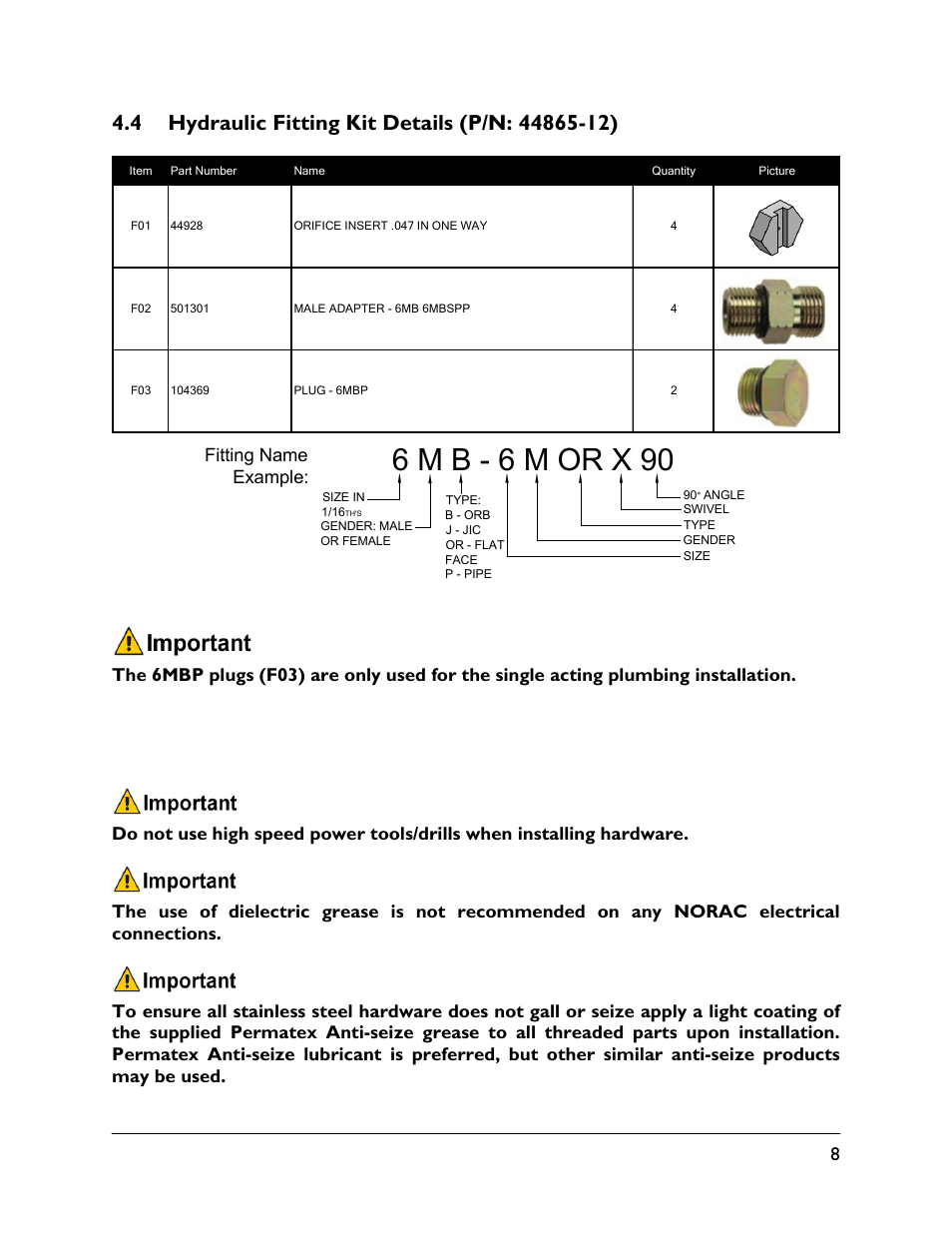 4 hydraulic fitting kit details (p/n: 44865-12), 6 m b - 6 m or x 90 | NORAC UC5-BC-HD03 User Manual | Page 11 / 41