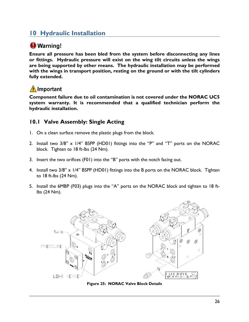 10 hydraulic installation, 1 valve assembly: single acting | NORAC UC5-BC-HD03 User Manual | Page 29 / 41