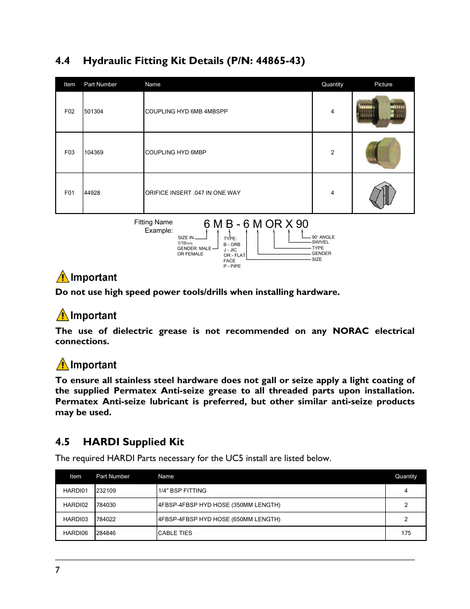 4 hydraulic fitting kit details (p/n: 44865-43), 5 hardi supplied kit, 6 m b - 6 m or x 90 | NORAC UC5-BC-HD06 User Manual | Page 10 / 44