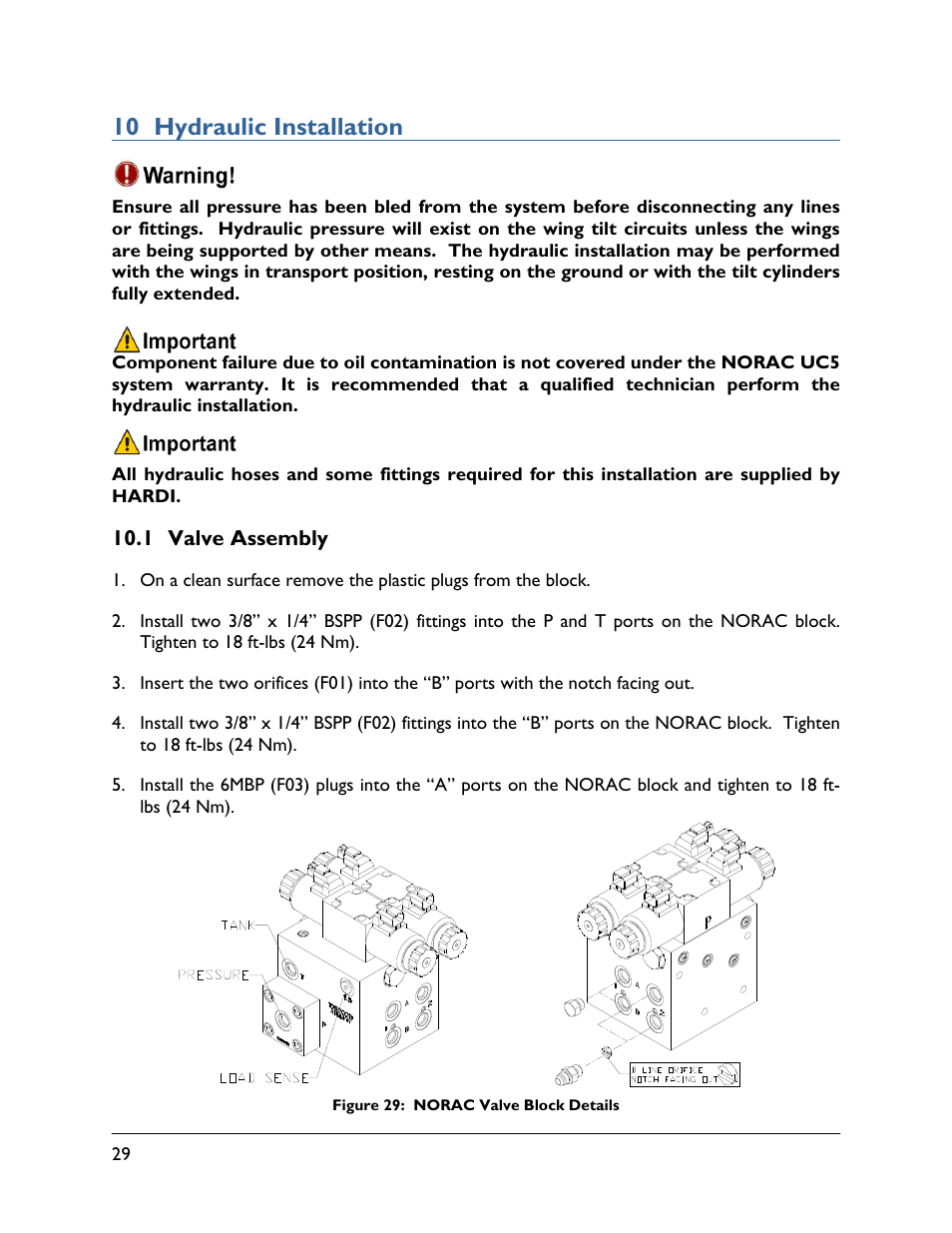 10 hydraulic installation, 1 valve assembly | NORAC UC5-BC-HD06 User Manual | Page 32 / 44