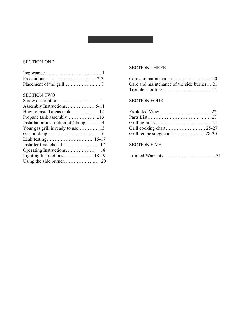 Table of content | Charmglow GRILL 720-0230 User Manual | Page 2 / 33