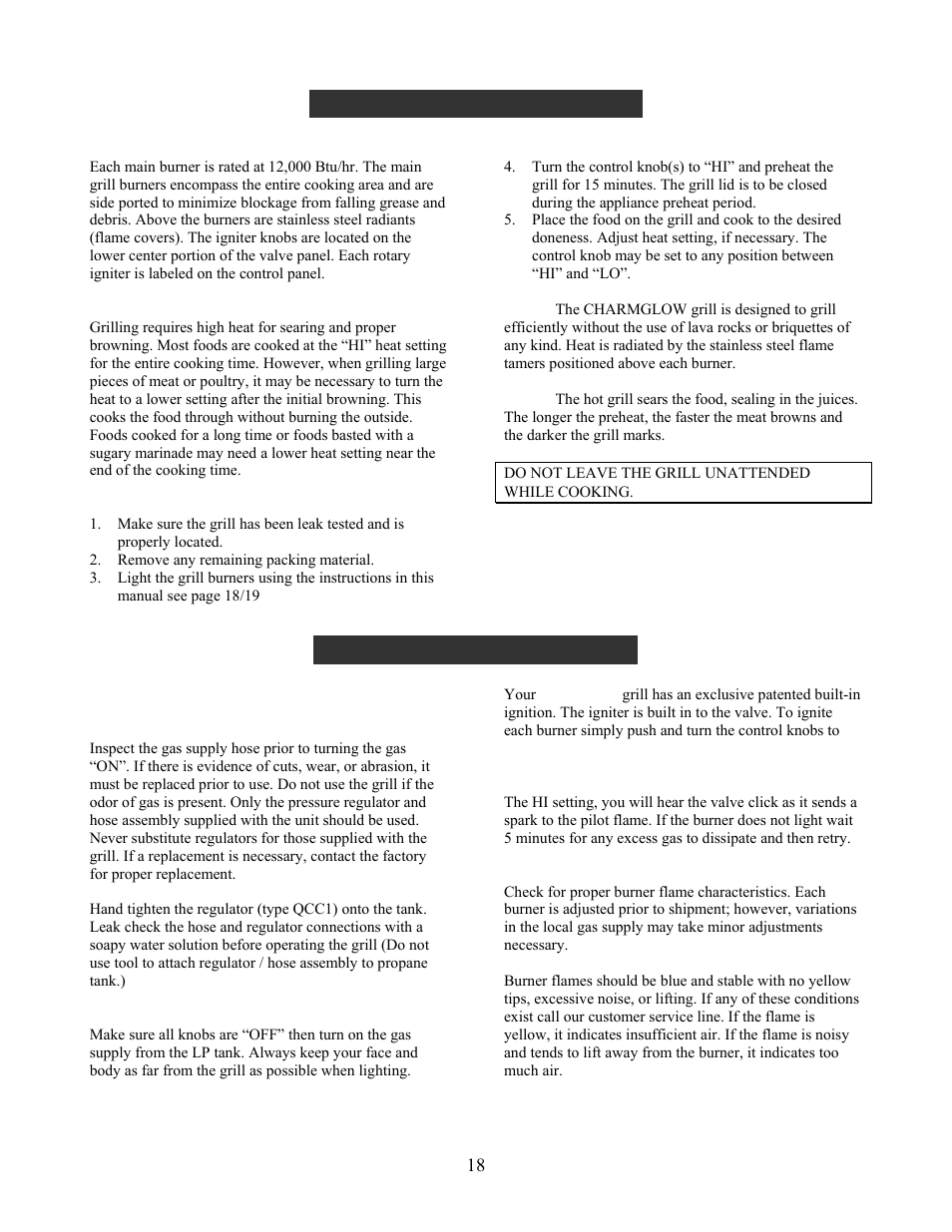 General use of the grill and rotisserie, Do not leave the grill unattended while cooking, Lighting instructions | Warning: important, Before lighting, Operating instruction | Charmglow GRILL 720-0230 User Manual | Page 20 / 33