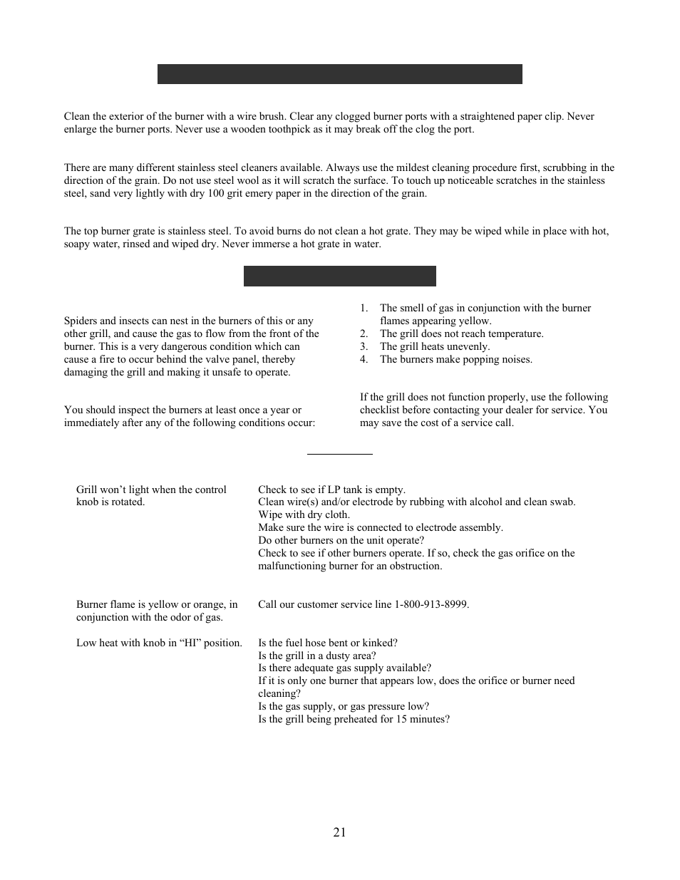 Spider and insect warning, When to look for spiders, Before calling for service | Checklist, Care & maintenance of side burner, Trouble shooting | Charmglow GRILL 720-0230 User Manual | Page 23 / 33