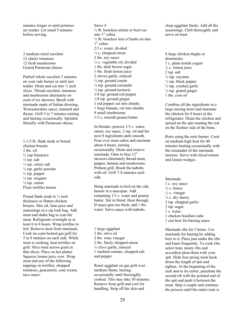 Vegetable kabobs, Fajitas, Beef and lamb kabobs | Eggplant caviar, Chicken tandoori style, Spare ribs | Charmglow GRILL 720-0230 User Manual | Page 31 / 33