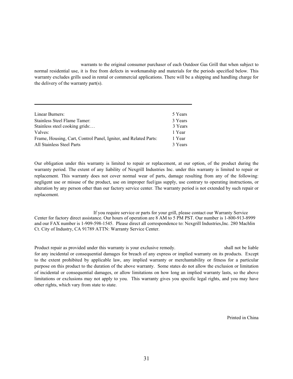 Limited warranty, Model 720-0230, Stainless steel outdoor gas grill | Charmglow GRILL 720-0230 User Manual | Page 33 / 33