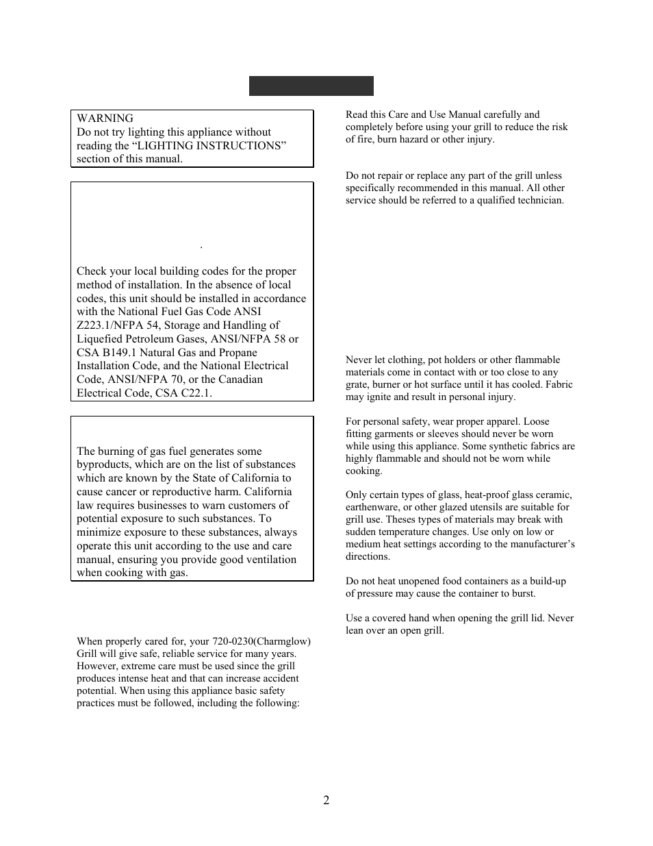 Precautions, California proposition 65-warning | Charmglow GRILL 720-0230 User Manual | Page 4 / 33