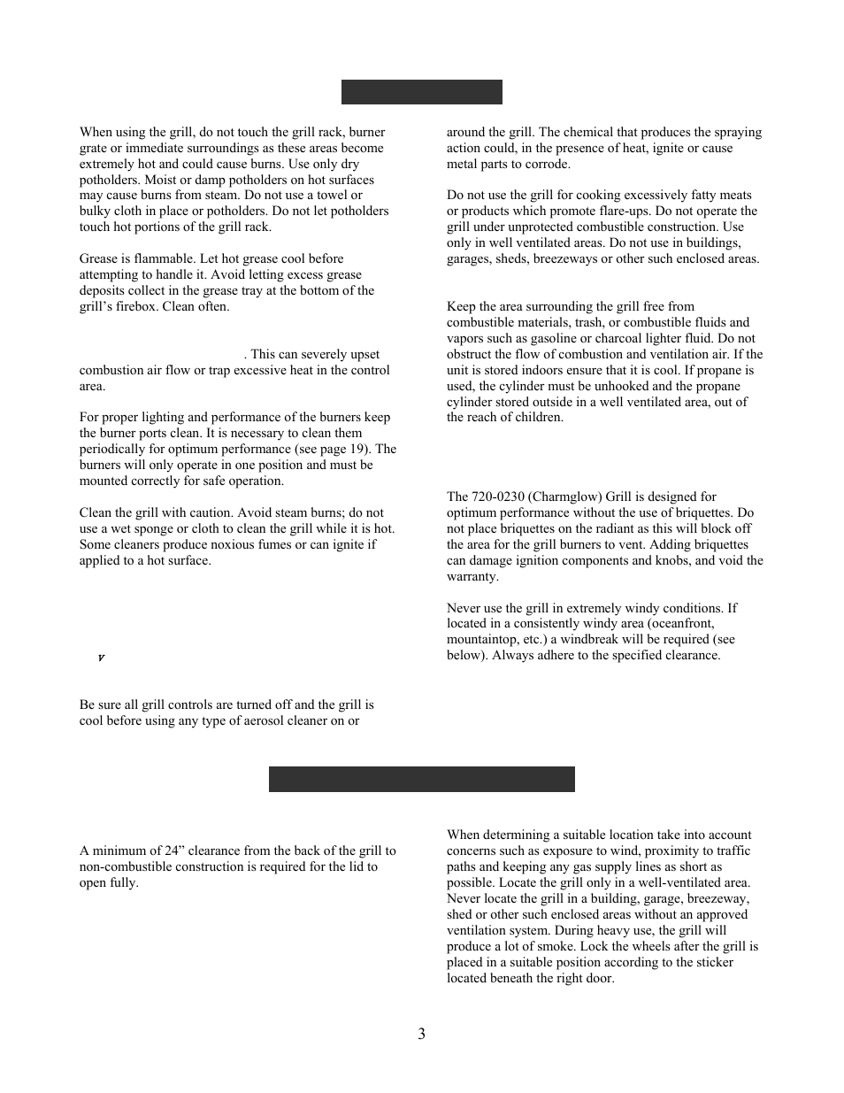 Precautions, Placement of the grill, Location | Charmglow GRILL 720-0230 User Manual | Page 5 / 33