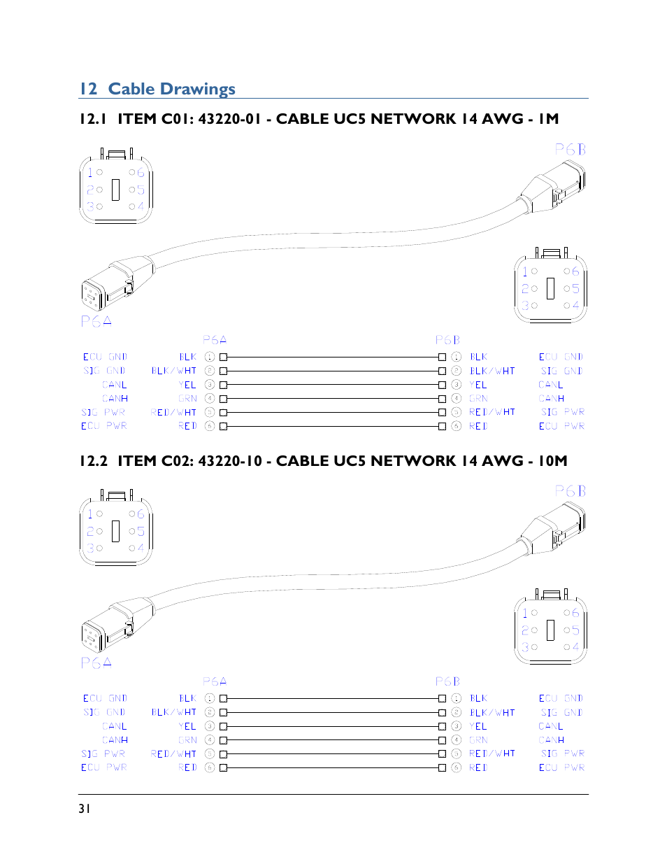 12 cable drawings, 1 item c01: 43220-01, 2 item c02: 43220-10 | NORAC UC5-BC-HD08 User Manual | Page 34 / 38