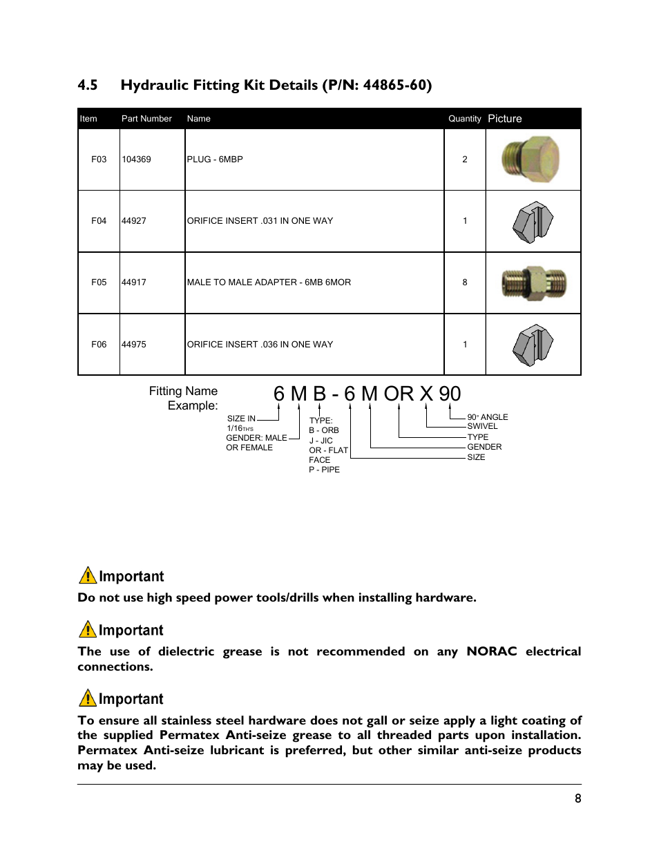 5 hydraulic fitting kit details (p/n: 44865-60), 6 m b - 6 m or x 90 | NORAC UC5-BC-HD08A User Manual | Page 11 / 37